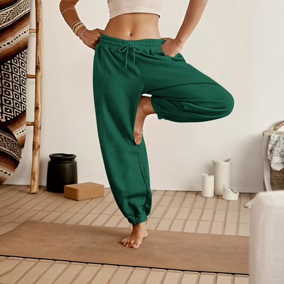Resicozy Womens Sweatpants Trendy Drawstring Elastic Waist Bottom Lounge Pant Lightweight Baggy Joggers with Pockets Dark Green L