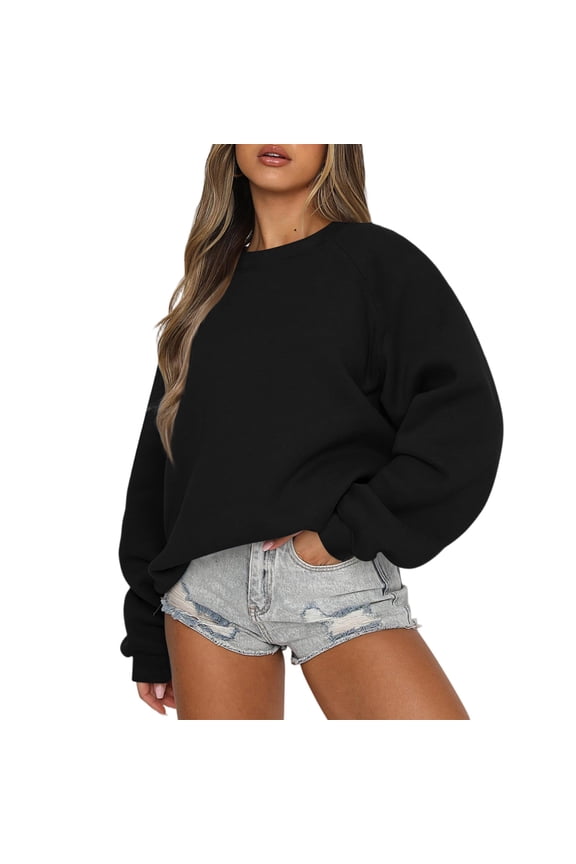 Womens Sweatshirts Oversized Crewneck Y2K Hoodies Fall Fashion 2025 Solid Color Clothes Cute Winter Pullover Sweater Black S