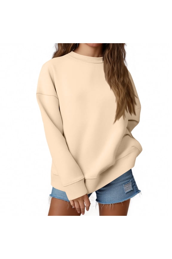 Womens Sweatshirts Solid Color Crewneck Oversized Pullover Sweaters Fall Winter Cute Casual Tops Preppy Clothes 2025 Khaki XL