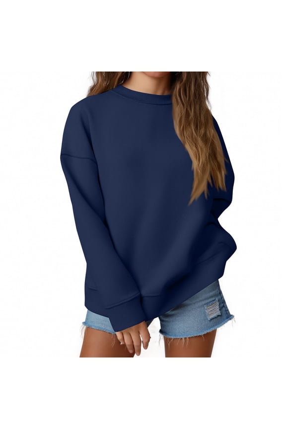 Womens Sweatshirts Solid Color Crewneck Oversized Pullover Sweaters Fall Winter Cute Casual Tops Preppy Clothes 2025 Navy S