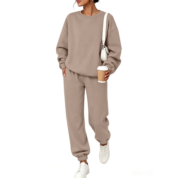 Resicozy Womens Sweatsuits 2 Piece Set Long Sleeve Crewneck Sweatshirt and Jogger Pants Lounge Sets Brown XL