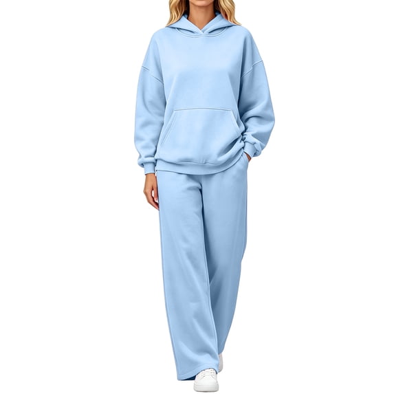 Resicozy Womens Sweatsuits 2 Piece Set Long Sleeve Hoodie Baggy Wide Leg Sweatpants Solid Color Matching Track Suits Light Blue 3XL