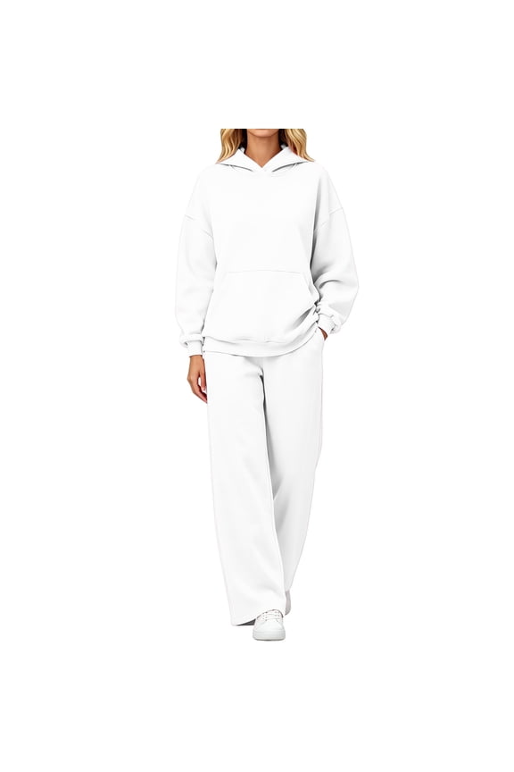 Womens Sweatsuits 2 Piece Set Long Sleeve Hoodie Baggy Wide Leg Sweatpants Solid Color Matching Track Suits White S