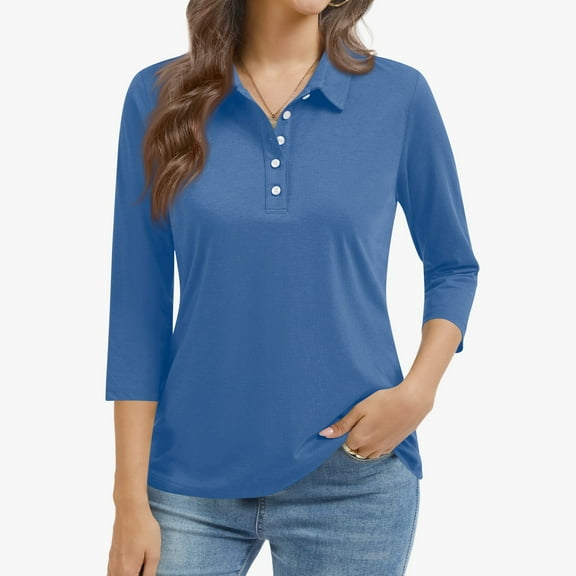 Resicozy Womens Tops 3/4 Length Sleeve Polo Shirts Solid Business V Neck Collared Buttons Basic Tees Loose Casual Blouses Blue L