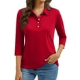 thumbnail image 1 of Resicozy Womens Tops 3/4 Length Sleeve Polo Shirts Solid Business V Neck Collared Buttons Basic Tees Loose Casual Blouses Red 2XL, 1 of 5