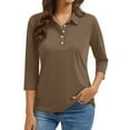 thumbnail image 1 of Resicozy Womens Tops 3/4 Sleeve Polo Shirts Solid Business V Neck Collared Buttons Basic Tees Loose Casual Blouses Brown S, 1 of 5