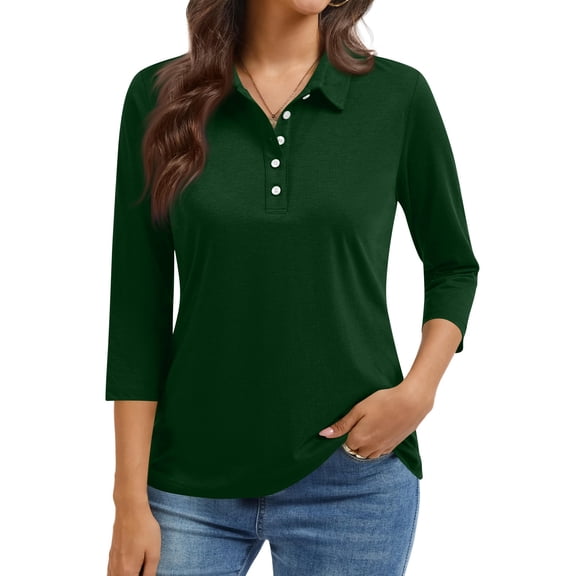 Resicozy Womens Tops 3/4 Sleeve Polo Shirts Solid Business V Neck Collared Buttons Basic Tees Loose Casual Blouses Dark Green L