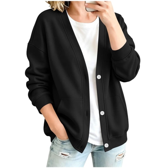 Resicozy Womens V-Neck Button Down Cardigan Sweatshirt Oversized Long Sleeve Open Front Loose Fit Jacket with Pockets Black 2XL