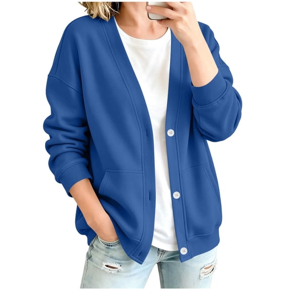 Resicozy Womens V-Neck Button Down Cardigan Sweatshirt Oversized Long Sleeve Open Front Loose Fit Jacket with Pockets Blue XL