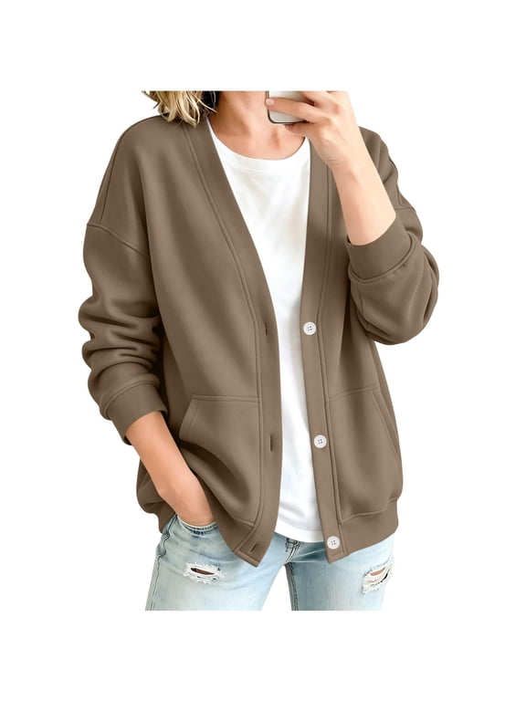 Womens V-Neck Button Down Cardigan Sweatshirt Oversized Long Sleeve Open Front Loose Fit Jacket with Pockets Brown 2XL