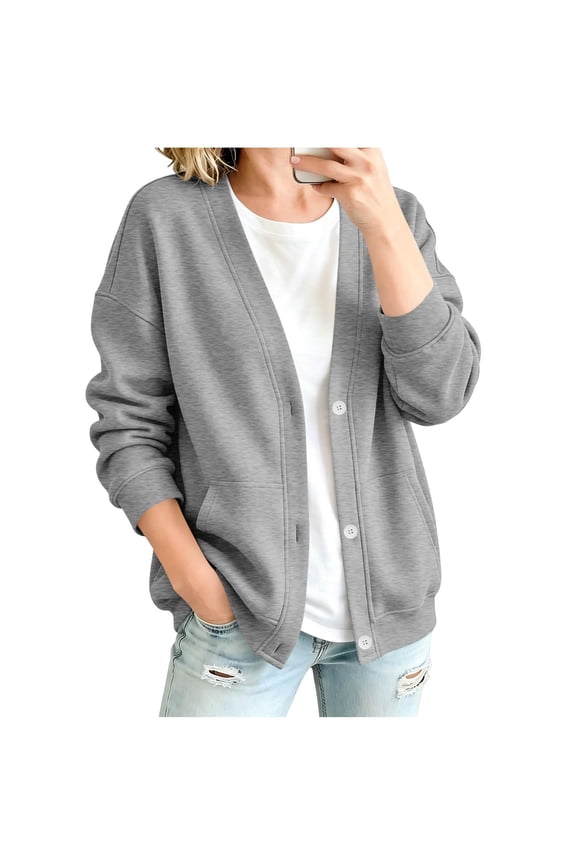Womens V-Neck Button Down Cardigan Sweatshirt Oversized Long Sleeve Open Front Loose Fit Jacket with Pockets Gray S