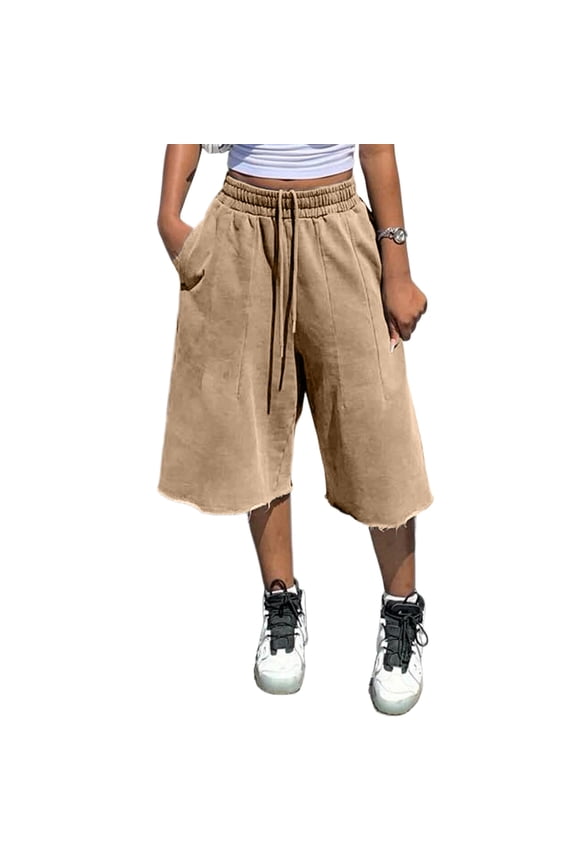 Womens Wide Leg Sweat Bermuda Shorts Drawstring Elastic Waist Hem Casual Lounge Shorts with Pockets Coffee L