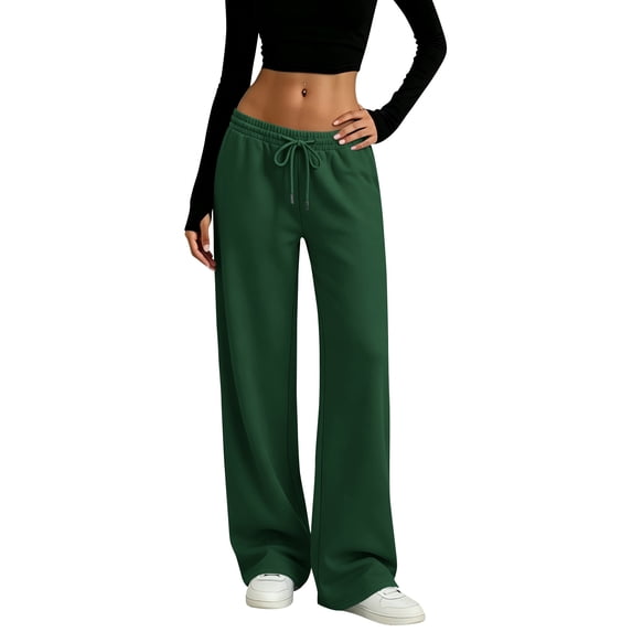 Resicozy Womens Wide Leg Sweatpants Drawstring Waist Straight Long Pants Casual Loose Baggy Workout Sweatpants with Pockets Dark Green 2XL