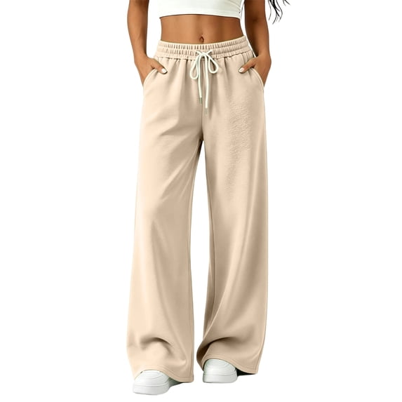 Resicozy Womens Wide Leg Sweatpants High Waisted Baggy Drawstring Joggers with Pockets Casual Lounge Wear Khaki L