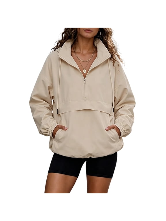 Womens Windbreaker Lightweight Jackets Hooded Pullover Half Zip, Casual, Outdoor, Pockets, Fall, Drawstring, Long Sleeve Beige L