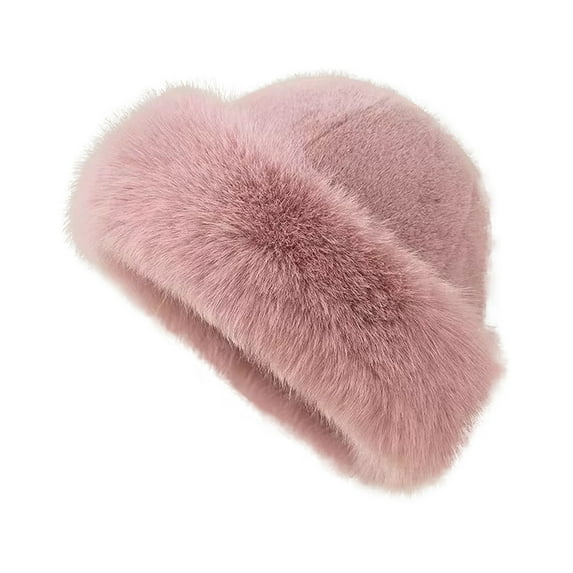 Resicozy Womens Winter Faux Fur Bucket Hat 2026 New Fashion Solid Color Warm Plush Fluffy Hats Thick Fisherman for Women Pink 20 In