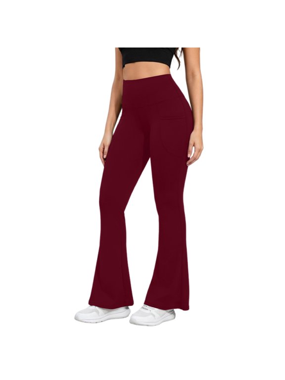 Womens Yoga Pants High Waisted Seamless Flare Legs with Pockets High Waisted Tummy Control Pant for Workout Wine S