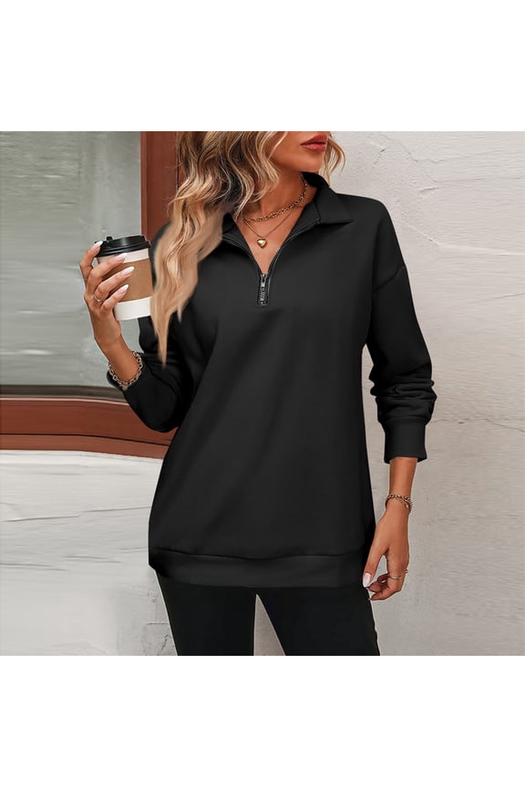 Womens Zip-Up Dropped Shoulder Sweatshirt Quarter Zip up Sweatshirt Solid Color Long Sleeves Pullover Black XL