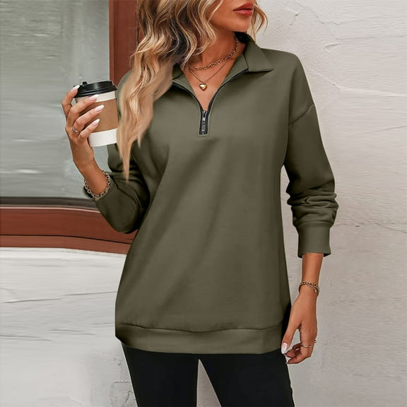 Resicozy Womens Zip-Up Dropped Shoulder Sweatshirt Quarter Zip up Sweatshirt Solid Color Long Sleeves Pullover Dark Green L