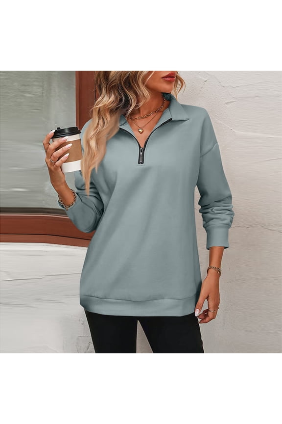 Womens Zip-Up Dropped Shoulder Sweatshirt Quarter Zip up Sweatshirt Solid Color Long Sleeves Pullover Green S