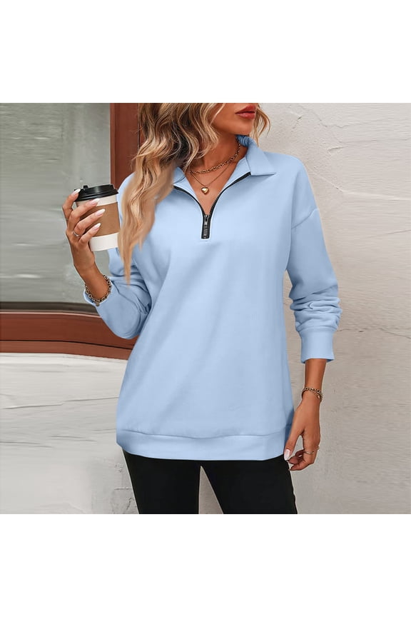 Womens Zip-Up Dropped Shoulder Sweatshirt Quarter Zip up Sweatshirt Solid Color Long Sleeves Pullover Sky Blue S