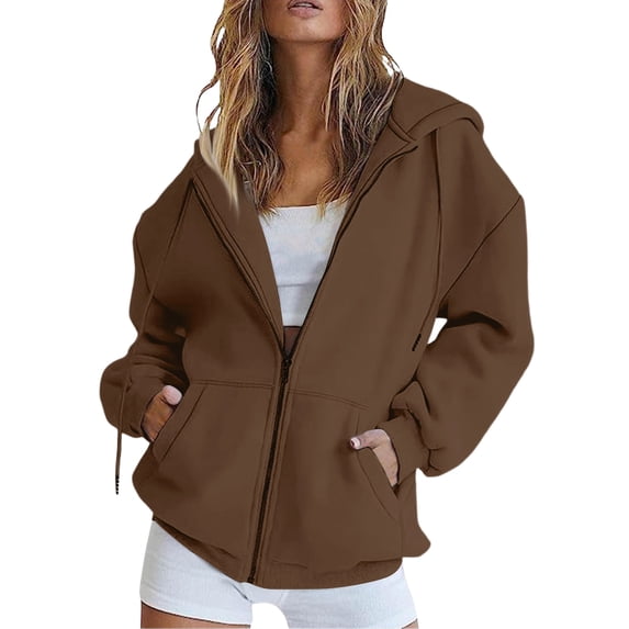 Resicozy Womens Zip Up Hoodies 2026 Casual Y2K Oversized Sweatshirts Long Sleeve Basic Fall Winter Clothes Jackets with Pockets Coffee S
