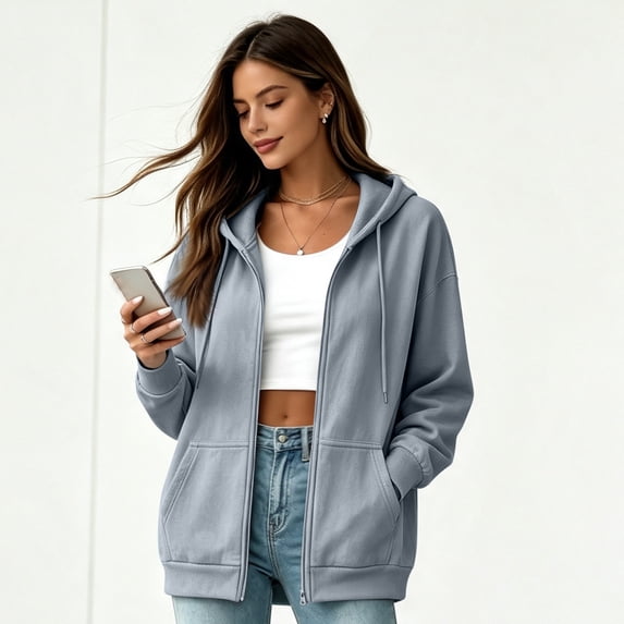 Resicozy Womens Zip Up Hoodies 2026 Fall Winter Casual Sweatshirts Zipper Oversized Lightweight Cute Jackets with Pockets Light Gray 2XL