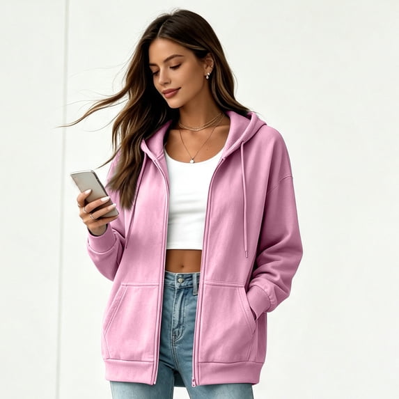 Resicozy Womens Zip Up Hoodies 2026 Fall Winter Casual Sweatshirts Zipper Oversized Lightweight Cute Jackets with Pockets Pink S