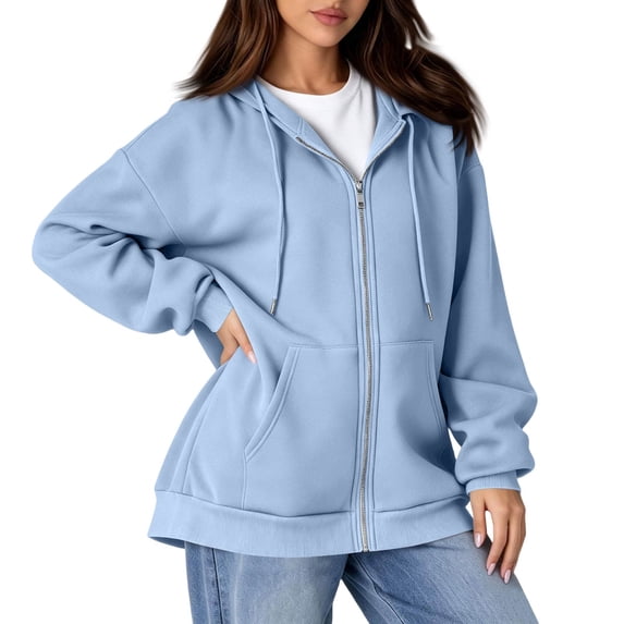 Resicozy Womens Zip Up Hoodies 2026 Long Sleeve Fall Winter Oversized Sweatshirts Zipper Oversized Cute Jackets with Pocket Sky Blue S