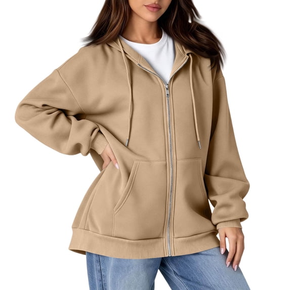 Resicozy Womens Zip Up Hoodies 2026 Long Sleeve Fall Winter Oversized Sweatshirts Zipper Oversized Cute Jackets with Pockets Khaki S