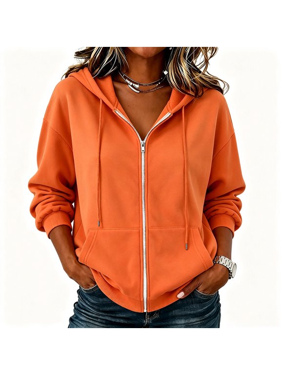 Womens Zip Up Hoodies 2026 Y2K Casual Long Sleeve Zipper Sweatshirts Fall Winter Comfy Track Jackets with Pockets Orange 2XL