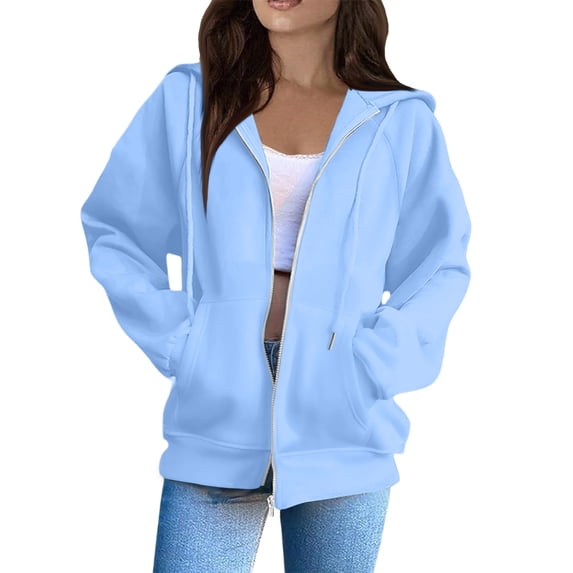 Resicozy Womens Zip Up Hoodies Oversized Long Sleeve Sweatshirts Comfy Lightweight Y2k Jackets Loose Fit Hooded Sweatshirt Sky Blue L