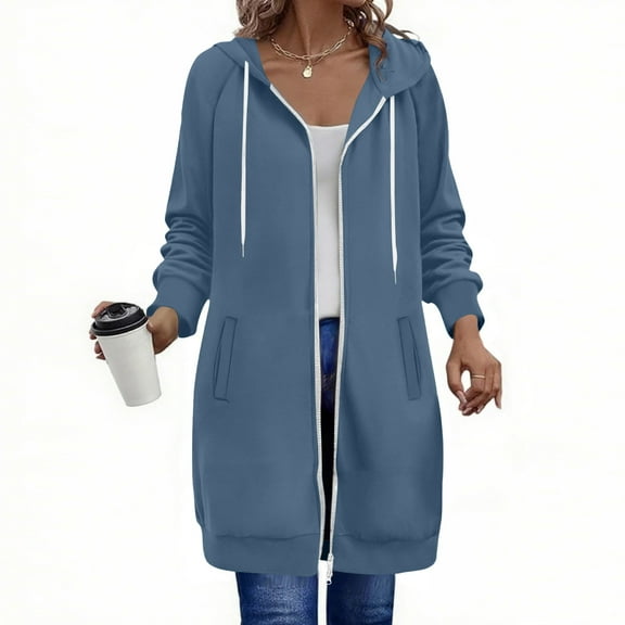 Resicozy Womens Zip Up Long Hoodies with Two Way Zipper Fashion Casual Tunic Sweatshirts Long Sleeve Jackets with Pockets Navy L