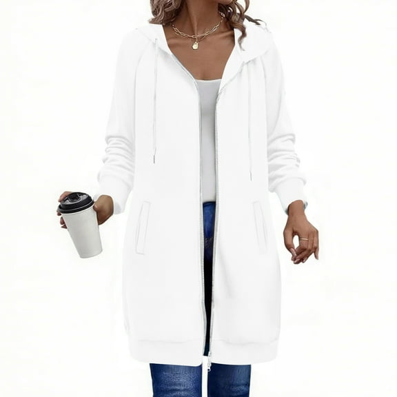 Resicozy Womens Zip Up Long Hoodies with Two Way Zipper Fashion Casual Tunic Sweatshirts Long Sleeve Jackets with Pockets White XL