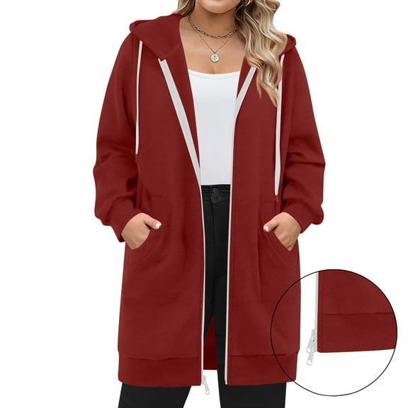 Resicozy Womens Zip Up Long Hoodies with Two Way Zipper Fashion Oversized Tunic Sweatshirts Long Sleeve Jackets with Pockets Wine XL