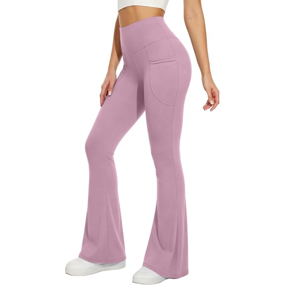 Resicozy Yoga Pants Women Workout Flare Leggings with Pockets High Waisted Tummy Control Butt Lifting Casual Work Fashion Clothing Light pink S
