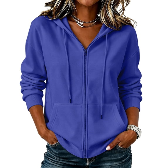Resicozy Zip Up Hoodie Women Long Sleeve Fall Winter Plus Size Plain Hooded Sweatshirts Trendy Casual Fashion Jacket With Pockets Blue L