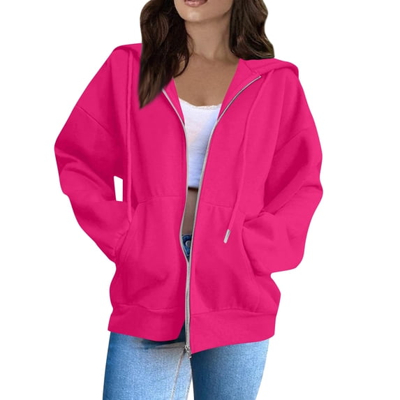 Resicozy Zip Up Hoodie Women Oversized Long Sleeve Sweatshirts Comfy Lightweight Y2k Jackets Loose Fit Hooded Sweatshirt Hot Pink 2XL