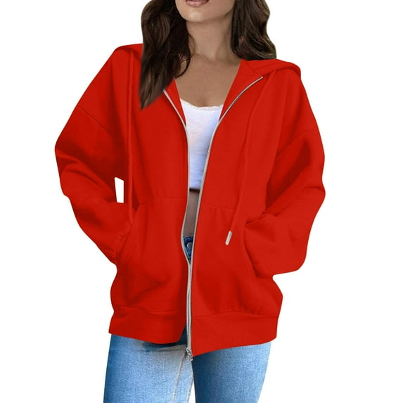 Resicozy Zip Up Hoodies Womens Long Sleeve Oversized Sweatshirts Y2K Jacket with Pockets 2025 Fall Trendy Clothes Red S