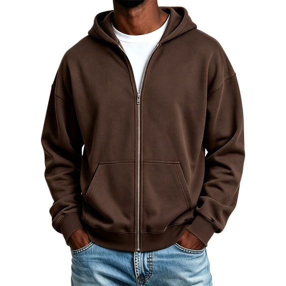 Resicozy Zip-Up Hoodies for Men Classic Solid Color Long Sleeve Hoodies Casual Oversized Pullover with Pockets Coffee L