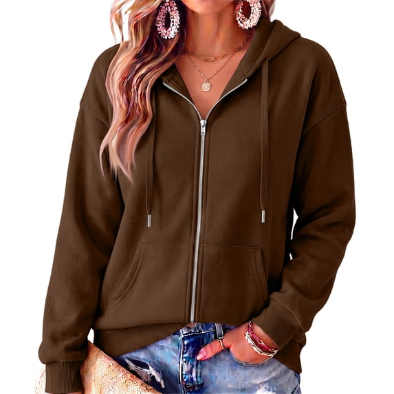 Resicozy Zip Up Hoodies for Women Fall Winter Casual Sweatshirts Zipper Oversized Lightweight Cute Jackets with Pockets 2026 Brown M