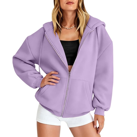 Resicozy Zip Up Hoodies for Women Y2K Sweatshirt Casual Long Sleeve Hoodies Oversized Fall Spring Winter Jacket with Pockets Light Purple 2XL