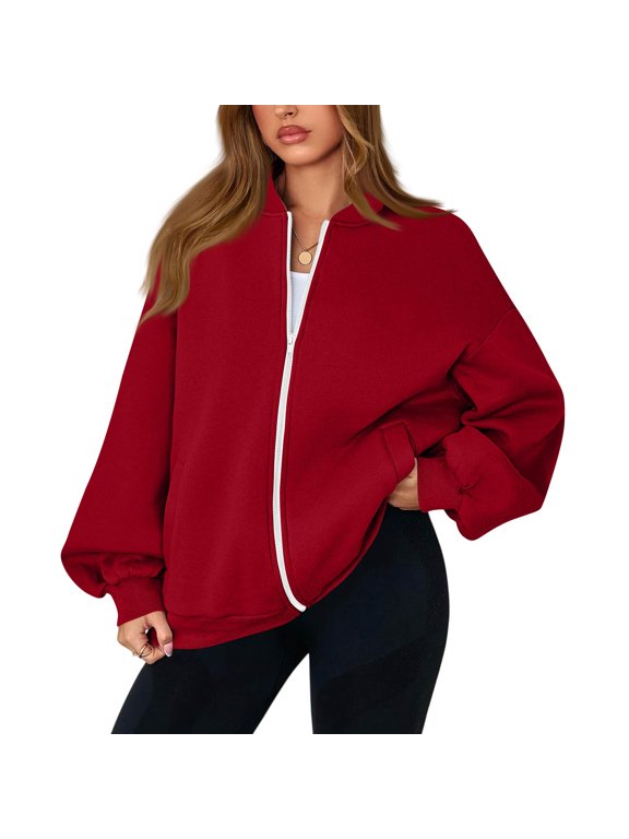 Zip Up Jacket for Women No Hood Casual Spring Fall Lightweight Oversized Jacket Hoodless Sweat Jacket with Pocket Red S
