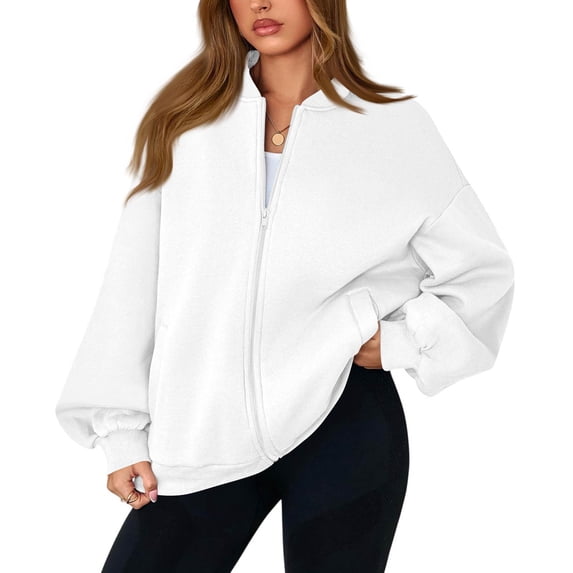 Resicozy Zip Up Jacket for Women No Hood Casual Spring Fall Lightweight Oversized Jacket Hoodless Sweat Jacket with Pocket White S