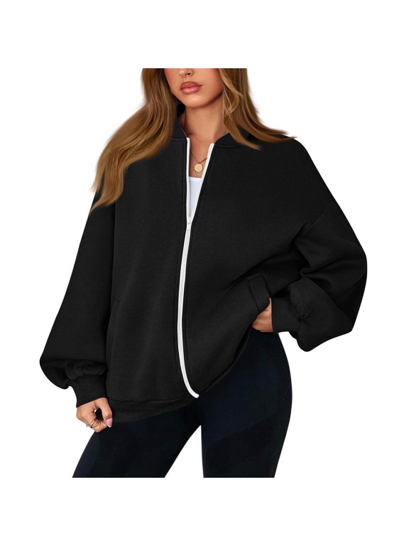 Zip Up Jacket for Women No Hood Casual Spring Fall Lightweight Oversized Jacket Hoodless Sweat Jacket with Pockets Black S