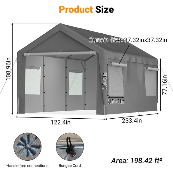 Residential Carports, Carport Canopy 10x20 FT Heavy Duty Boat Car Canopy Garage with Removable Sidewalls and Roll-up Ventilated Windows, Grey Outdoor Carports,Metal Portable Carports