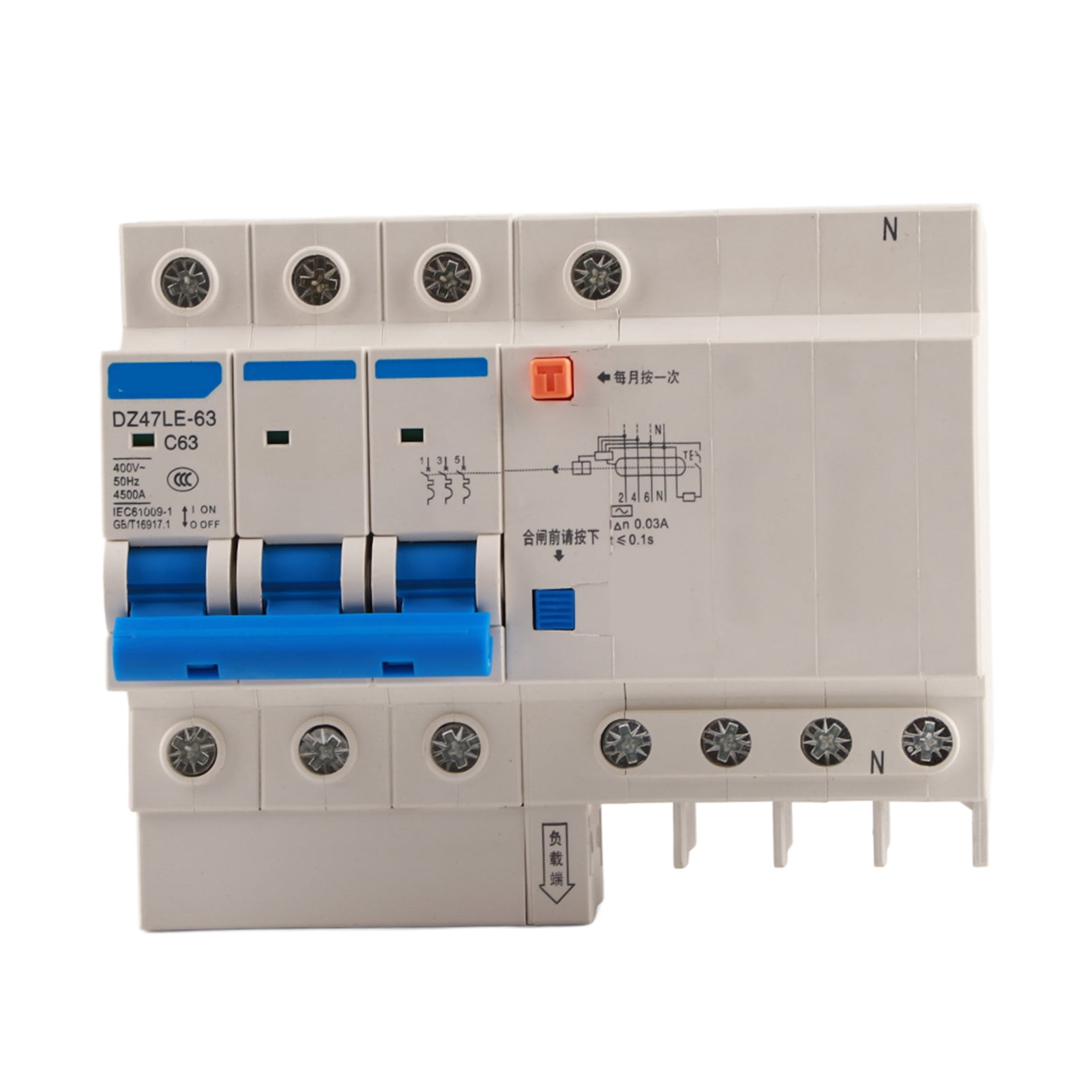Residential Circuit Breaker 230V 63A 30mA, RCCB NF C63 Type, 4 Pole