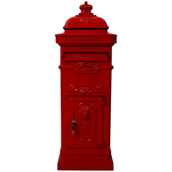 Residential Large Capacity Floor Mount Mailbox, Cast Aluminum Outdoor Rainproof Post Box, Vintage Decorative Lockable Letter Box, Red Finish