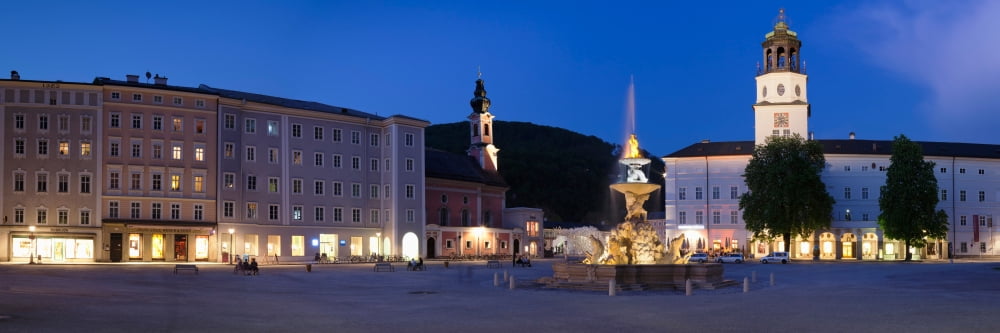 Residenz Fountain and Michaeliskirche Church at Residenzplatz Square Salzburg Residenz Salzburg Salzburger Land Austria Canvas Art - Panoramic Images (27 x 9)