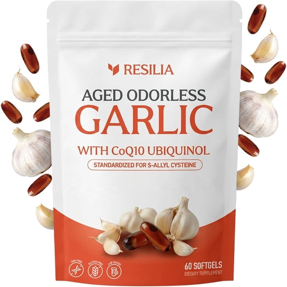Resilia Odorless Aged Garlic Extract Softgels 600mg with CoQ10 Ubiquinol & Vitamin K2 MK-7, 60 Softgels